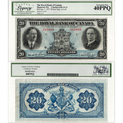 SOLD $20 1927 Royal Bank of Canada Chartered Note #630-14-12 - Legacy EF-40 PPQ