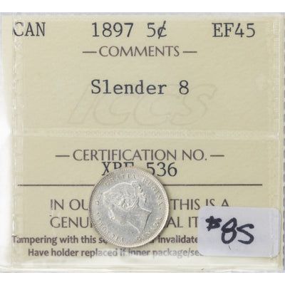 SOLD Canada 1897 Slender 8 5 Cents Silver Coin - ICCS EF-45