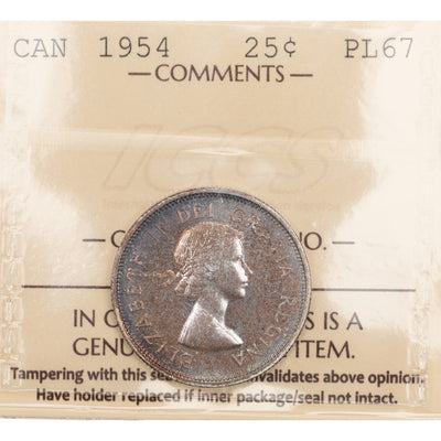 Canada 1954 25 Cents Quarter Silver Coin - ICCS Proof-Like PL-67