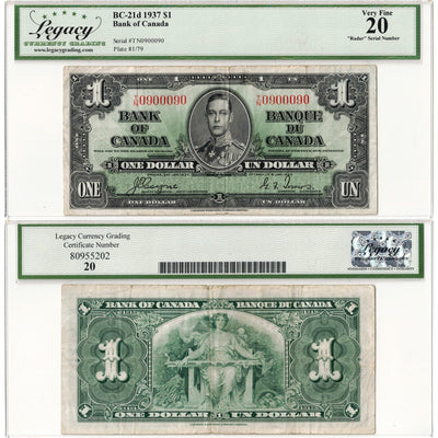 SOLD $1 1937 Bank of Canada Note Radar Serial 0900090 BC-21d - Legacy VF-20