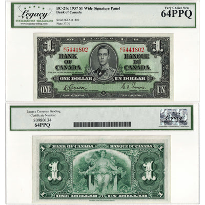 $1 1937 Bank of Canada Note Gordon-Towers K/L Prefix BC-21c - Legacy Ch UNC-64 PPQ