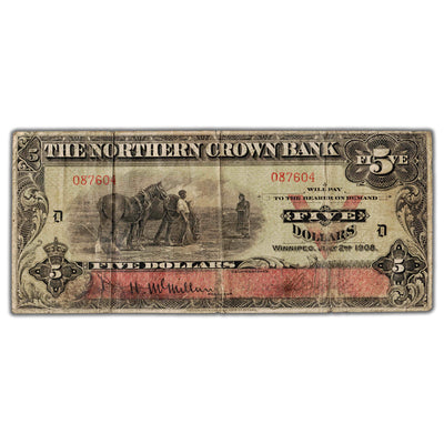 SOLD $5 1908 The Northern Crown Bank Canada Chartered Note #545-10-02