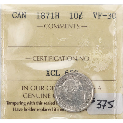 SOLD Canada 1871-H 10 Cents Dime Silver Coin - ICCS VF-30