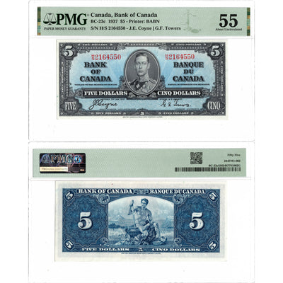 $5 1937 Bank of Canada Note Coyne-Towers H/S Prefix BC-23c - PMG AU-55