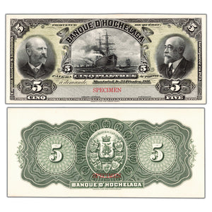 SOLD $5 1911 Banque D'Hochelaga Canada Front and Back Coloured Specimen Proofs