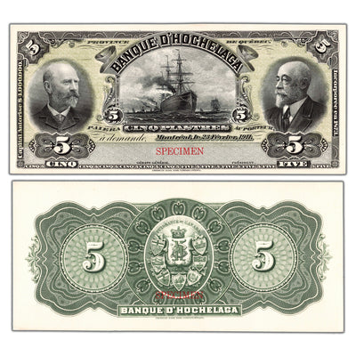 SOLD $5 1911 Banque D'Hochelaga Canada Front and Back Coloured Specimen Proofs