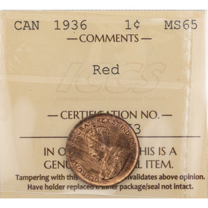 SOLD Canada 1936 1 Small Cent Coin - ICCS MS-65 Red