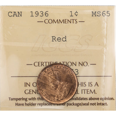 SOLD Canada 1936 1 Small Cent Coin - ICCS MS-65 Red