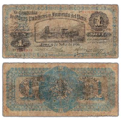Peru Companie de Obras Publicas Y Fomento Del Peru 1876 1 Sol Note P #S444b - Filler (pinholes)