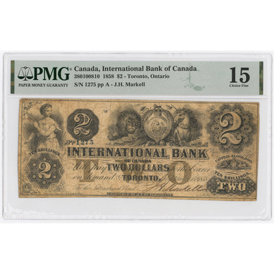 SOLD $2 1858 International Bank of Canada Note #380-10-08-10 - PMG F-15
