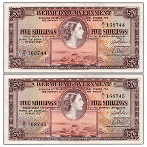 Bermuda 1957 5 Five Shillings Notes P #18b - 2 Consecutive Ch UNC