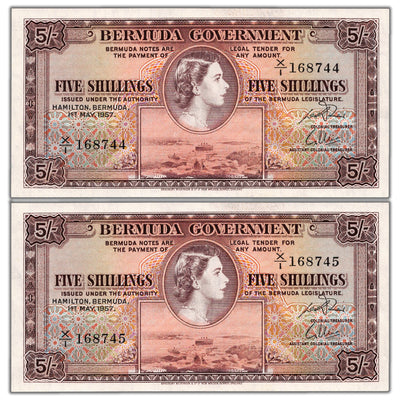 Bermuda 1957 5 Five Shillings Notes P #18b - 2 Consecutive Ch UNC