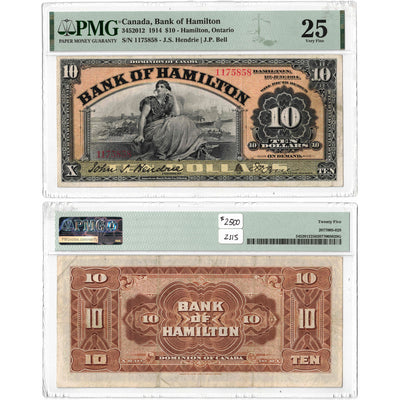 SOLD $10 1914 Bank of Hamilton Canada Chartered Note #345-20-12 - PMG VF-25