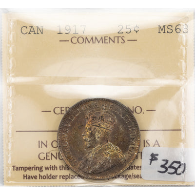SOLD Canada 1917 25 Cents Quarter Silver Coin - ICCS MS-63