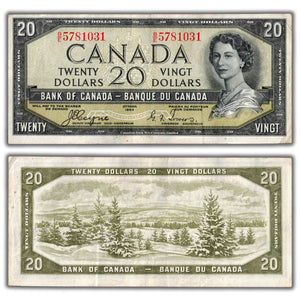 SOLD $20 1954 Bank of Canada Note Devil Face B/E Changeover Prefix BC-33a -  VF