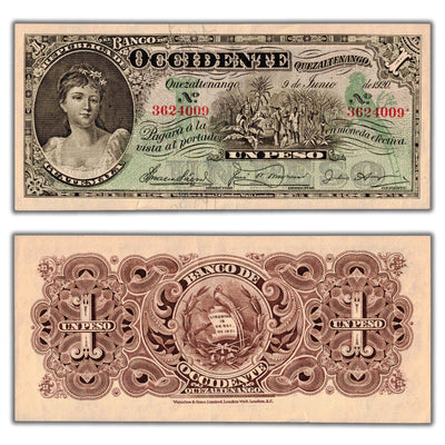 Guatemala El Banco Occidente 1920 1 One Peso Note P #S175b - VF+ (small tear)
