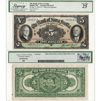 $5 1929 Bank of Nova Scotia Canada Chartered Note #550-34-02 - Legacy VF-25