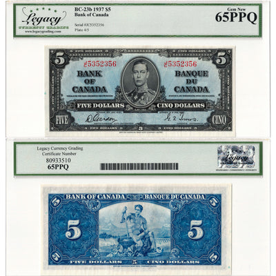 $5 1937 Bank of Canada Note Gordon-Towers J/C Prefix BC-23b - Legacy Gem UNC-65 PPQ