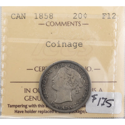 SOLD Canada 1858 Coinage Axis 20 Cents Silver Coin - ICCS F-12
