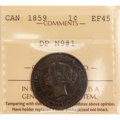 Canada 1859 Double Punched N9 #1 One Large Cent Coin - ICCS EF-45