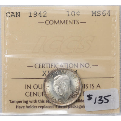Canada 1942 10 Ten Cents Silver Coin - ICCS MS-64
