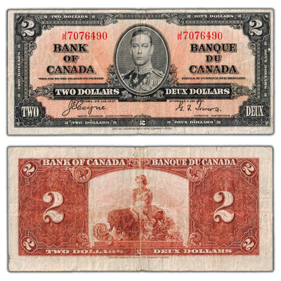 $2 1937 Bank of Canada Note Coyne-Towers J/R Prefix BC-22c - Small Edge Tear