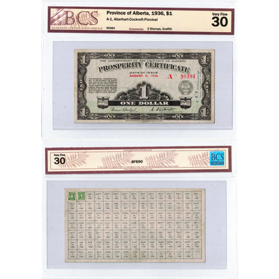$1 1936 Province of Alberta Prosperity Certificate Note 2 Stamps A-1 - BCS VF-30