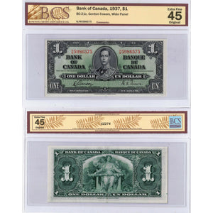 SOLD $1 1937 Bank of Canada Note Gordon-Towers N/M Prefix BC-21c - BCS EF-45