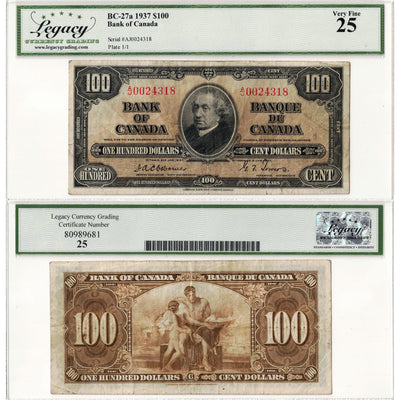 $100 1937 Bank of Canada Note Osborne Signature BC-27a - Legacy VF-25
