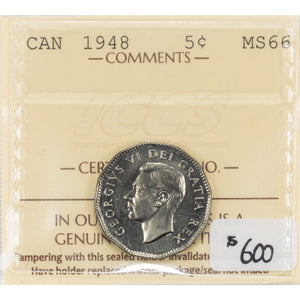 SOLD Canada 1948 5 Cents Nickel Coin - ICCS MS-66