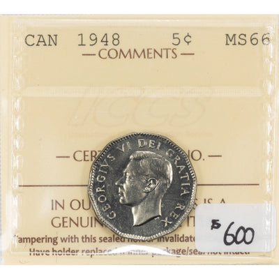 SOLD Canada 1948 5 Cents Nickel Coin - ICCS MS-66