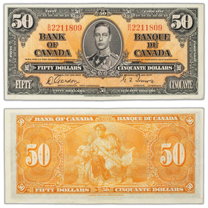 SOLD $50 1937 Bank of Canada Note Gordon-Towers B/H Prefix BC-26b - EF/AU