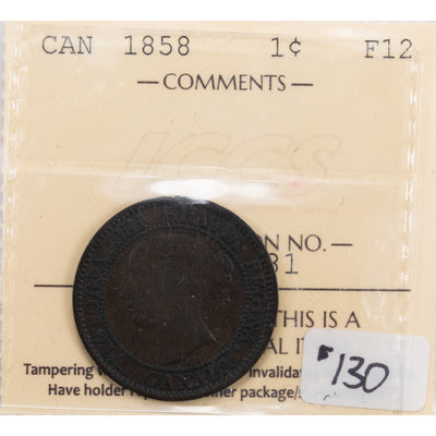 SOLD Canada 1858 1 Large Cent Coin - First Year of Issue - ICCS F-12