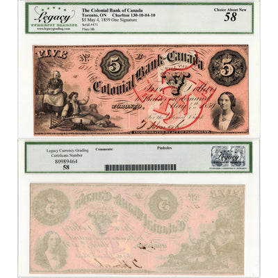 $5 1859 Colonial Bank of Canada Chartered Note #130-10-04-10 - Legacy AU-58