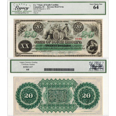 United States 1872 $20 State of South Carolina Revenue Bond Scrip Note - Legacy UNC-64