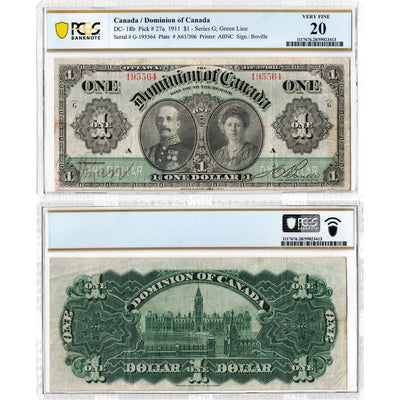 SOLD $1 1911 Dominion of Canada Note Green Line Series G DC-18b - PCGS VF-20