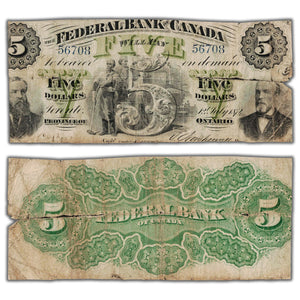 SOLD $5 1874 Federal Bank of Canada Chartered Note #300-10-04 - Heavily Trimmed/Tear