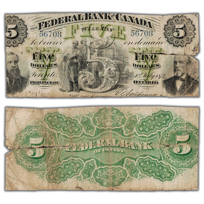 SOLD $5 1874 Federal Bank of Canada Chartered Note #300-10-04 - Heavily Trimmed/Tear