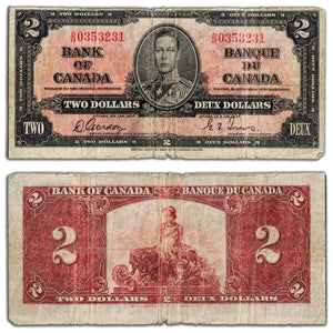 SOLD $2 1937 Bank of Canada Note Gordon-Towers D/B Prefix BC-22b - Circulated