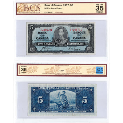 $5 1937 Bank of Canada Note Coyne-Towers Y/C Prefix BC-23c - BCS VF-35