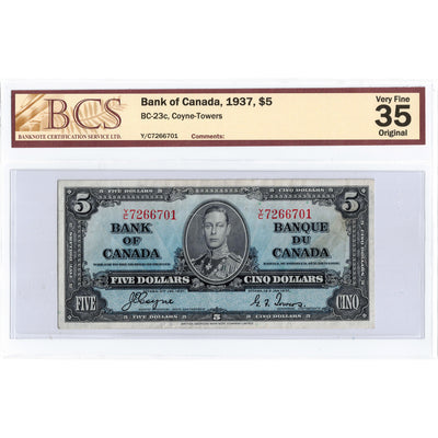 $5 1937 Bank of Canada Note Coyne-Towers Y/C Prefix BC-23c - BCS VF-35