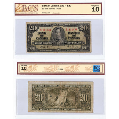 SOLD $20 1937 Bank of Canada Note Osborne Signature BC-25a - BCS VG-10