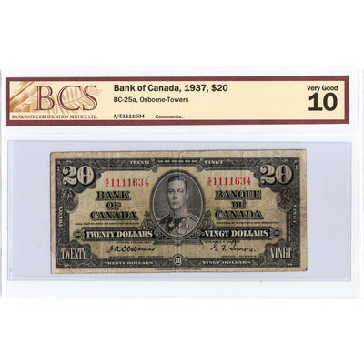 SOLD $20 1937 Bank of Canada Note Osborne Signature BC-25a - BCS VG-10