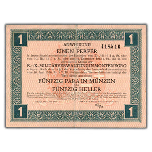 SOLD Montenegro Army Administration 1917 1 Perper Note P #M148 - VF/EF (tape)