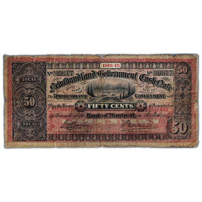 SOLD 50 Cents 1912-13 Newfoundland Government Cash Note NF-8c - Tears, Taped