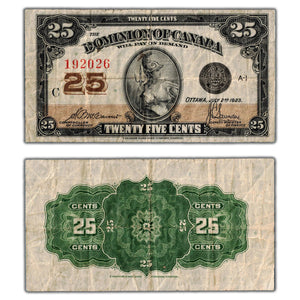 SOLD 25 Cents 1923 Dominion of Canada Note Shinplaster DC-24c - Fine