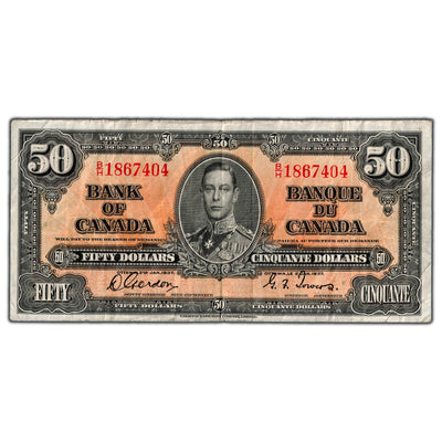 $50 1937 Bank of Canada Note Gordon-Towers B/H Prefix BC-26b - F/VF