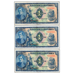 SOLD Colombia 1954 1 One Peso Notes P #380g - 3 Near Consecutive - Circulated