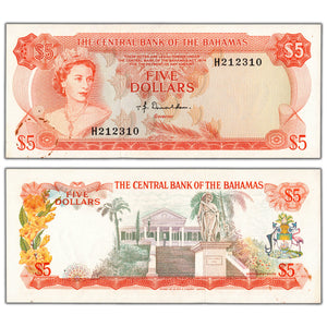 SOLD Bahamas 1974 $5 Five Dollars Note P #37a - AU (rust)