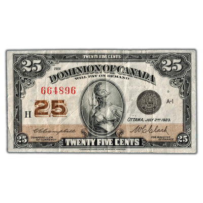 25 Cents 1923 Dominion of Canada Shinplaster Note DC-24d - F/VF